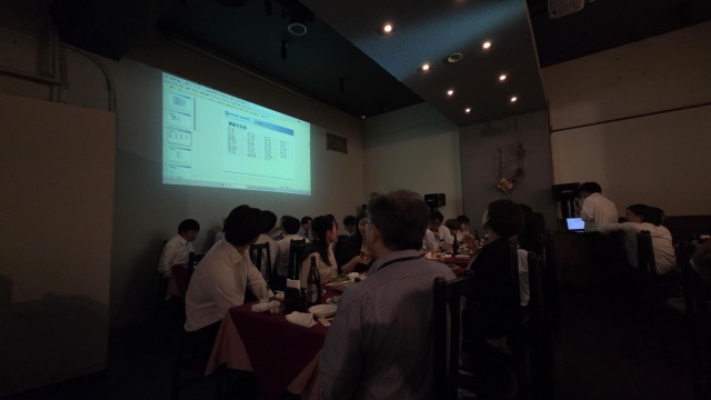 プロジェクターを使用して社員旅行説明をしている様子